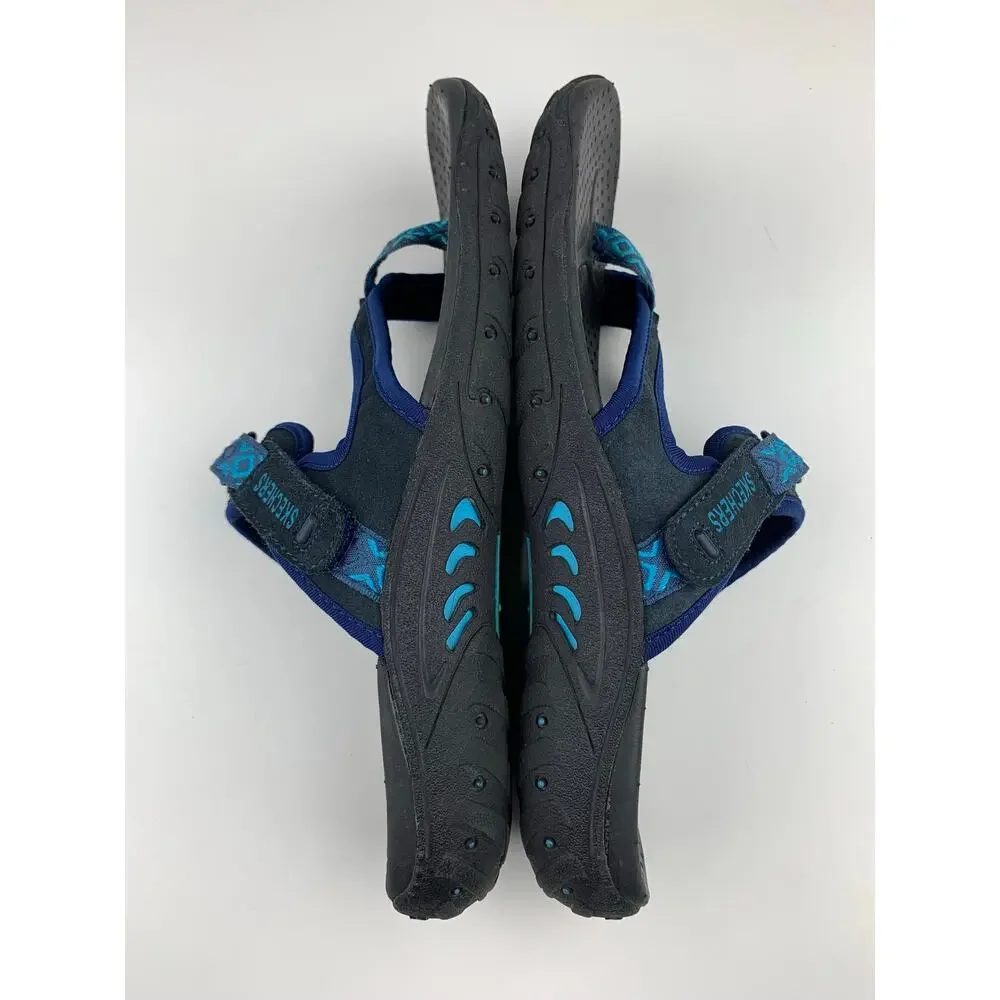 Skechers Reggae Trailway Sandals Slip On Toe Loop Black Blue Outdoor Women's 10